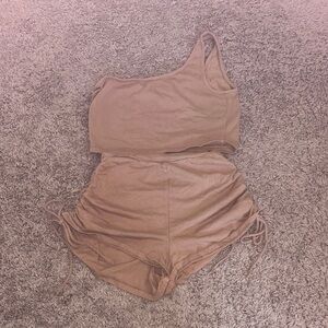Brown One-Shoulder Top and Shorts Set